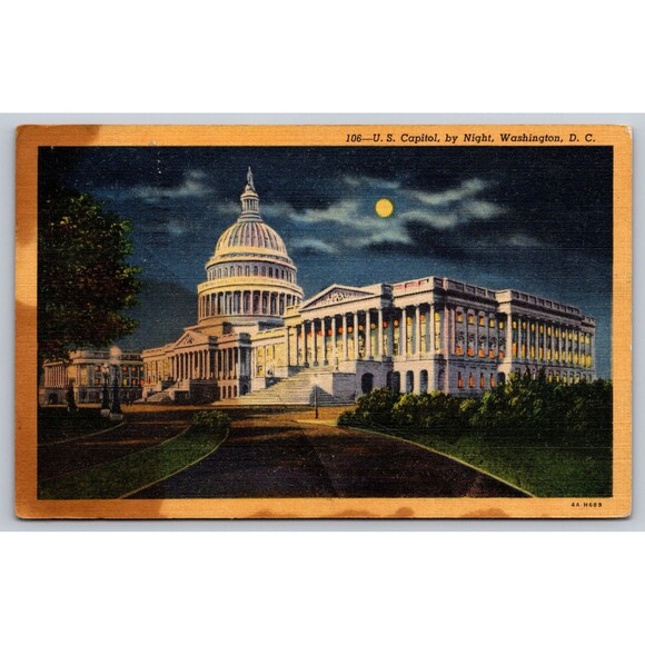 Postcard Washington D. C. Moonlight US Capitol by Night Linen Posted 1952 *READ* - Picture 1 of 2